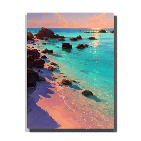 Black rock inlets along a mint-blue shoreline with turquoise water, pink sand reflections, and glowing coastal light, landscape paint by numbers wall art by PaintEasy