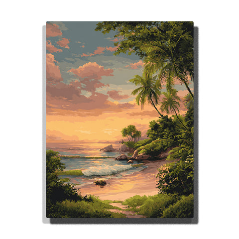 Palm-crowned tropical inlet beneath a blush-apricot evening sky with curved beach, soft sea light, and lush coastal greenery, landscape paint by numbers wall art by PaintEasy
