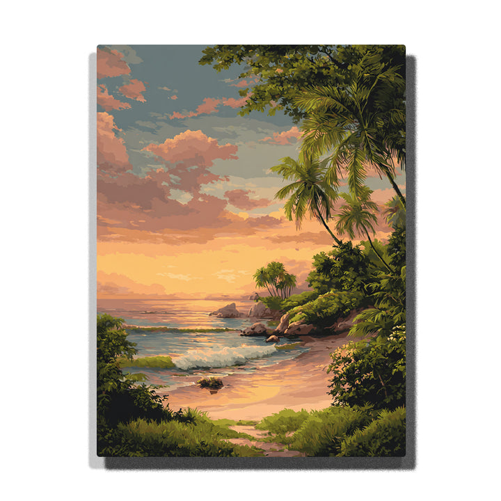 Palm-crowned tropical inlet beneath a blush-apricot evening sky with curved beach, soft sea light, and lush coastal greenery, landscape paint by numbers wall art by PaintEasy