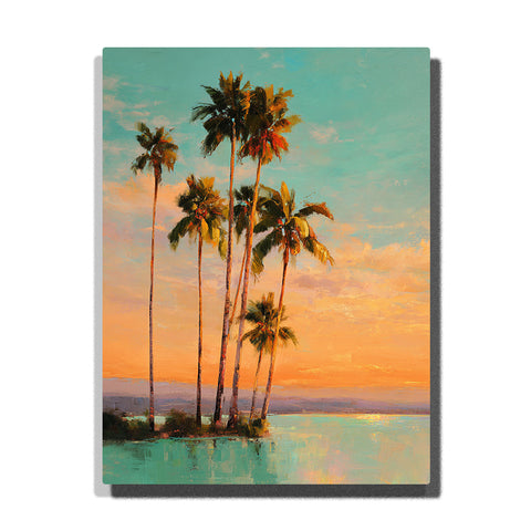 Slender palm cluster over a turquoise lagoon sunset with glowing peach sky, calm tropical water, and island silhouette, landscape paint by numbers wall art by PaintEasy