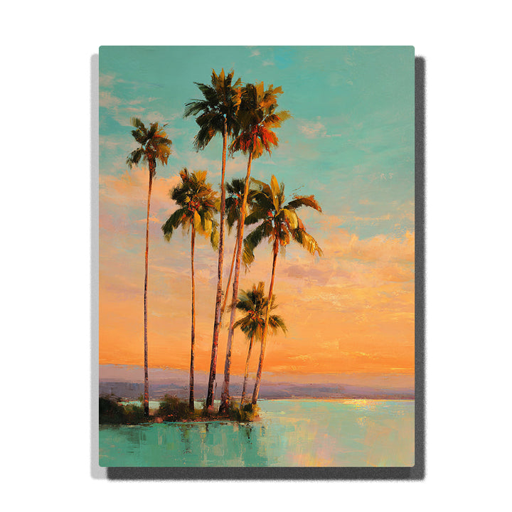 Slender palm cluster over a turquoise lagoon sunset with glowing peach sky, calm tropical water, and island silhouette, landscape paint by numbers wall art by PaintEasy