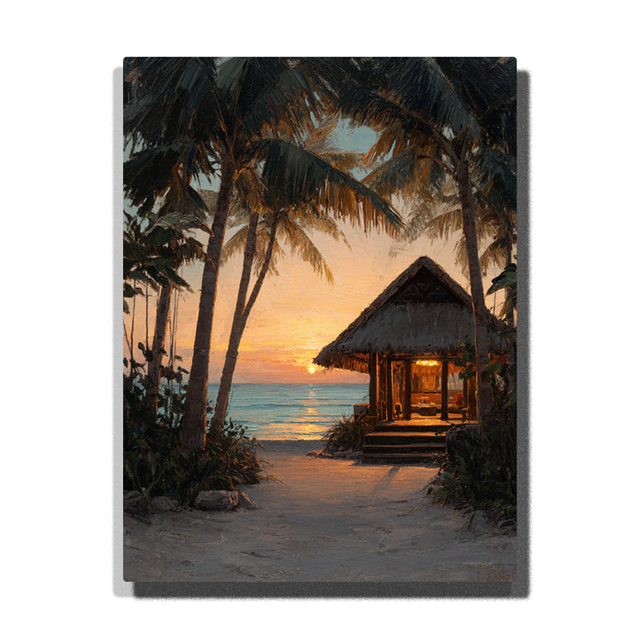 Palm-framed beach hut glowing at amber sea dusk with tropical shadows, sandy path, and ocean horizon, landscape paint by numbers wall art by PaintEasy