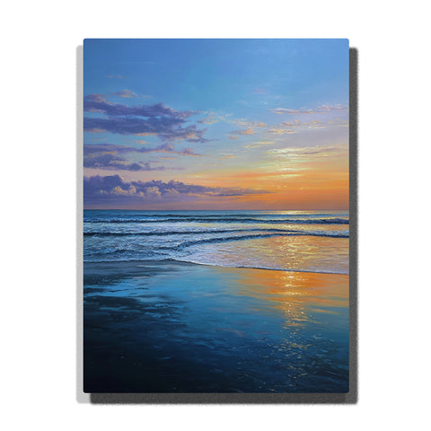Blue horizon surf beneath a golden evening break with reflective wet sand, layered waves, and calm coastal sunset light, landscape paint by numbers wall art by PaintEasy