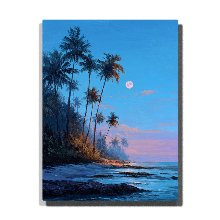 Moonlit palm coast beneath a lavender blue tropical sky with silhouetted trees, quiet shoreline, and cool coastal night light, landscape paint by numbers wall art by PaintEasy