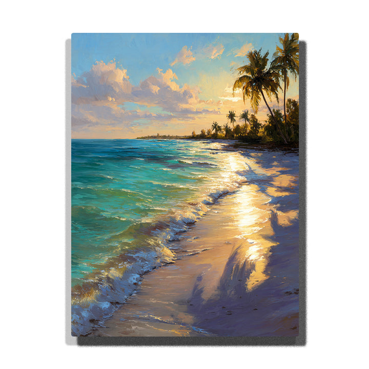 Tropical palm shore with sunlit aqua waves, golden sand reflections, bright coastal water, and warm seaside light, landscape paint by numbers wall art by PaintEasy