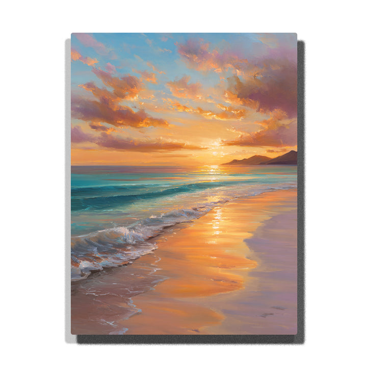 Golden shore waves beneath a peach lavender sunset sky with reflective wet sand, soft surf, and glowing coastal evening light, landscape paint by numbers wall art by PaintEasy