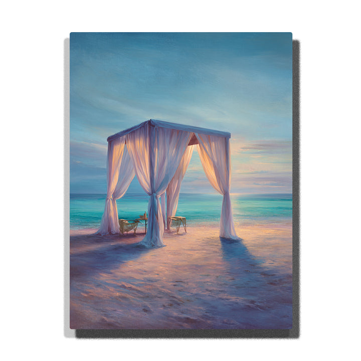 Beachside canopy with sheer curtains beneath a blue twilight sea, soft sand shadows, open horizon, and elegant coastal calm, landscape paint by numbers wall art by PaintEasy