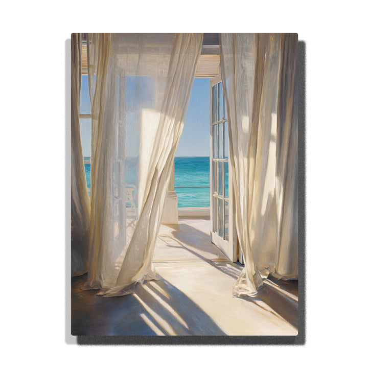 Sheer curtains framing an open sea balcony in morning light with sunlit floor shadows, white fabric, and bright coastal view, landscape paint by numbers wall art by PaintEasy