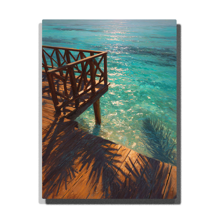 Sunlit overwater deck above clear turquoise sea with warm wooden railings, tropical shadows, and sparkling coastal water, landscape paint by numbers wall art by PaintEasy