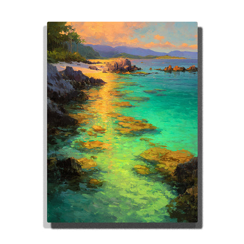 Sunlit emerald coastal channel beneath a violet-cloud sky with glowing green water, dark rocky edges, and reflective shoreline light, landscape paint by numbers wall art by PaintEasy