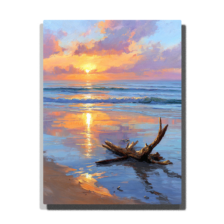 Forked driftwood on reflective beach sand beneath a golden and lilac surf sunrise, with glowing waves, bright horizon light, and coastal landscape wall art by PaintEasy
