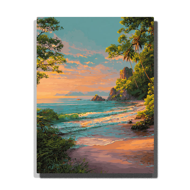 Sunlit sand curve beneath a peach-blue coastal opening with turquoise water, leafy shoreline framing, and glowing beach light, landscape paint by numbers wall art by PaintEasy