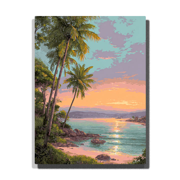 Leaning palms above a pearl-tide sunset cove with glowing sea reflection, tropical shoreline foliage, and pastel coastal sky, landscape paint by numbers wall art by PaintEasy