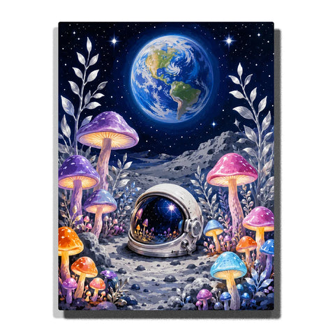 Paint by numbers fantasy moon landscape with colorful glowing mushrooms, an astronaut helmet, silver plants, and Earth shining in a star-filled outer space sky.