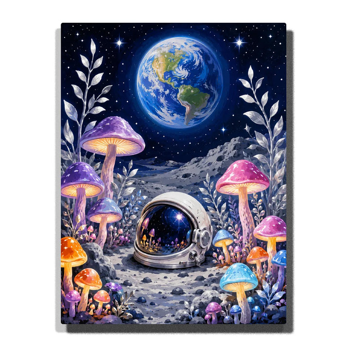 Paint by numbers fantasy moon landscape with colorful glowing mushrooms, an astronaut helmet, silver plants, and Earth shining in a star-filled outer space sky.