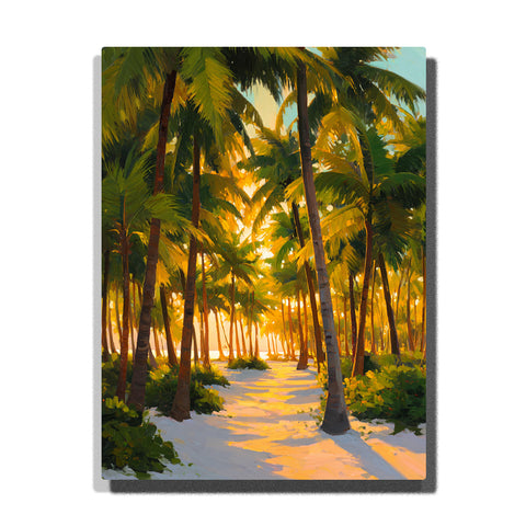 Golden palm grove with a sunlit sand trail, layered tropical trees, long shadows, and glowing green foliage, landscape paint by numbers wall art by PaintEasy