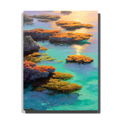 Golden reef patches in turquoise coastal water beneath a copper-tinted sky, with reflective tide pools and rocky shoreline light, landscape paint by numbers wall art by PaintEasy