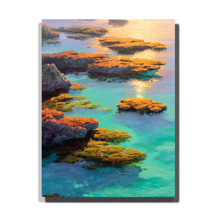 Golden reef patches in turquoise coastal water beneath a copper-tinted sky, with reflective tide pools and rocky shoreline light, landscape paint by numbers wall art by PaintEasy