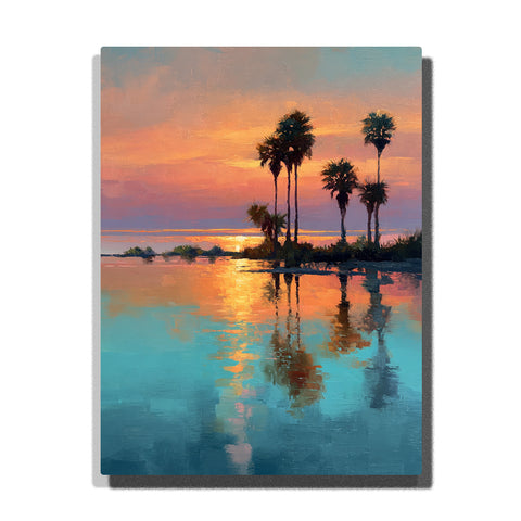 Distant palm islets across a copper-glow lagoon with turquoise water, sunset reflection, and minimal tropical horizon, landscape paint by numbers wall art by PaintEasy