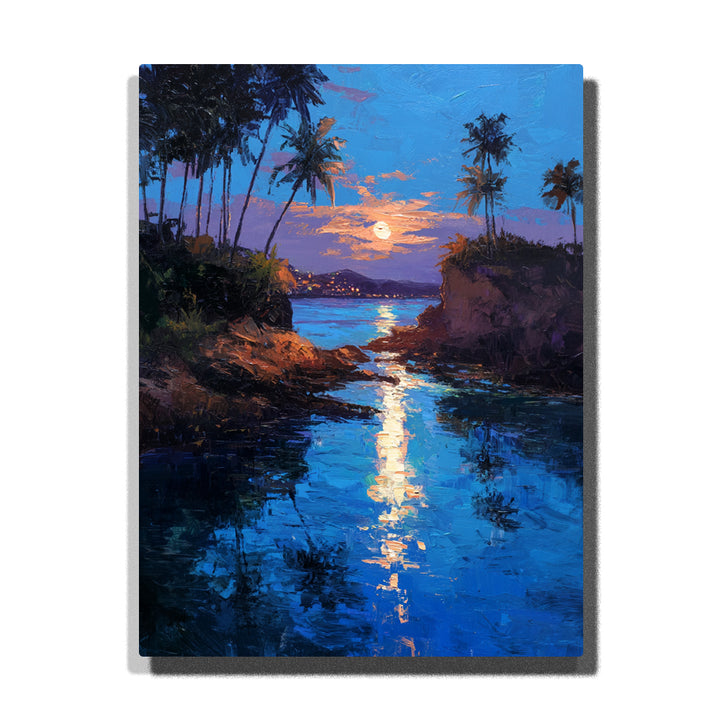 Moonlit tropical channel beneath a coral island sunset with bright water reflection, dark palms, and blue coastal shadows, landscape paint by numbers wall art by PaintEasy