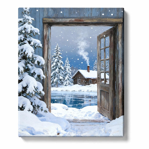 Weathered wooden doorway opening to a snowy lakeside cabin with pine trees, frozen blue water, falling snow, and chimney smoke, PaintEasy Paint by Numbers kit.