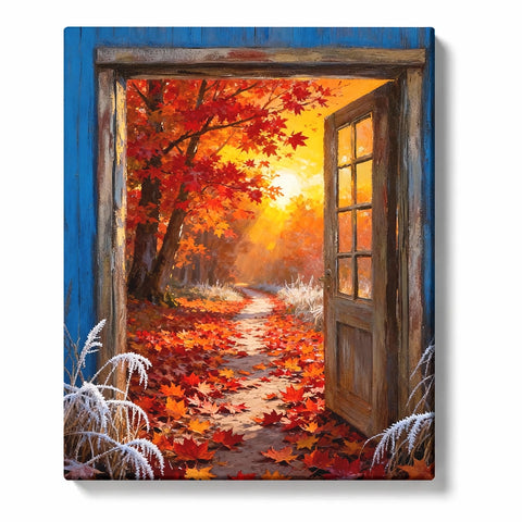 Open wooden door to autumn forest path with red maple leaves, golden sunlight, fallen foliage, frosted grasses, and landscape paint by numbers wall art.