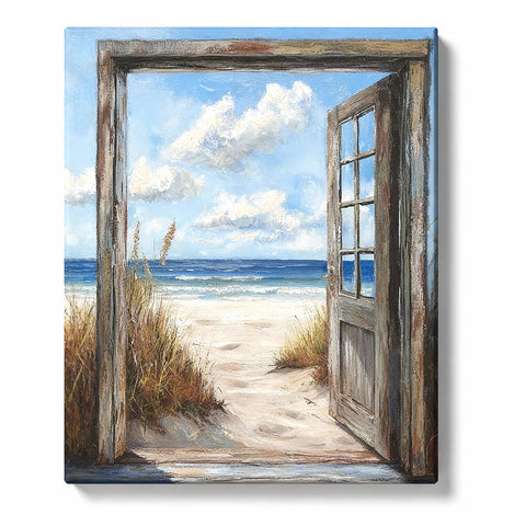 Weathered wooden doorway opening to a bright beach morning with white clouds, blue ocean waves, pale sand, and dune grass, PaintEasy Paint by Numbers kit.