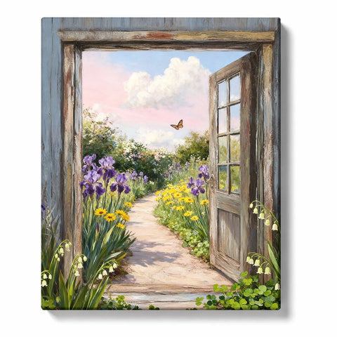 Open wooden doorway leading to a blooming garden path with purple irises, yellow flowers, green foliage, pastel sky, and butterfly, PaintEasy Paint by Numbers kit.