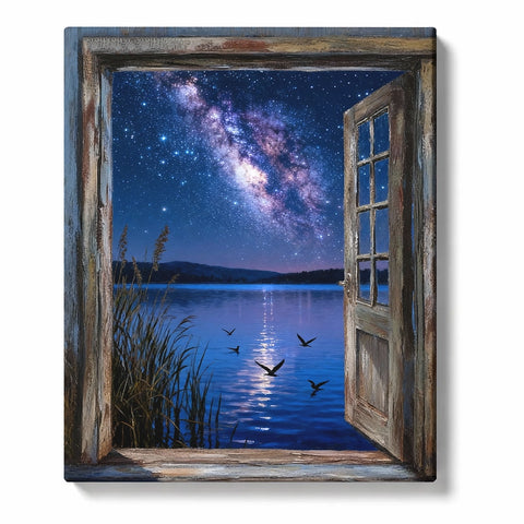 Open wooden door to Milky Way lake view with starry blue sky, water reflections, reeds, flying birds, distant mountains, and landscape paint by numbers wall art.
