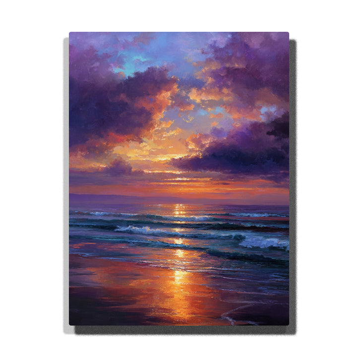 Purple cloud ocean sunset with golden shore reflection, rolling waves, orange horizon glow, deep blue water, and wet beach paint by numbers landscape wall art.
