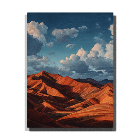 Red desert mountains under blue cloud sky with orange ridges, dark shadowed valleys, layered hills, and dramatic landscape paint by numbers wall art.