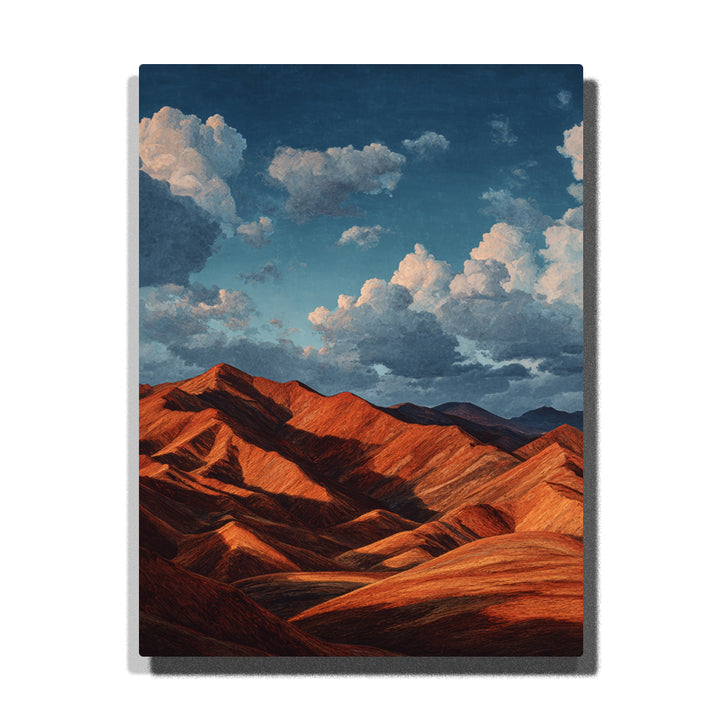 Red desert mountains under blue cloud sky with orange ridges, dark shadowed valleys, layered hills, and dramatic landscape paint by numbers wall art.