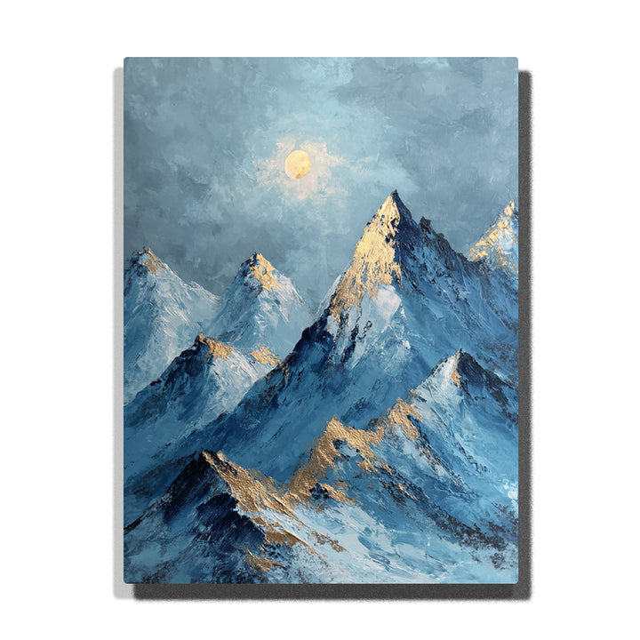 Snowy mountain peaks under pale moon with blue-gray sky, golden snow highlights, dark alpine ridges, and dramatic landscape paint by numbers wall art.