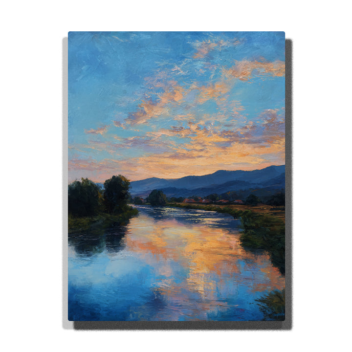 River valley sunset with blue water reflection, peach cloud sky, dark tree-lined banks, distant mountains, and calm landscape paint by numbers wall art.