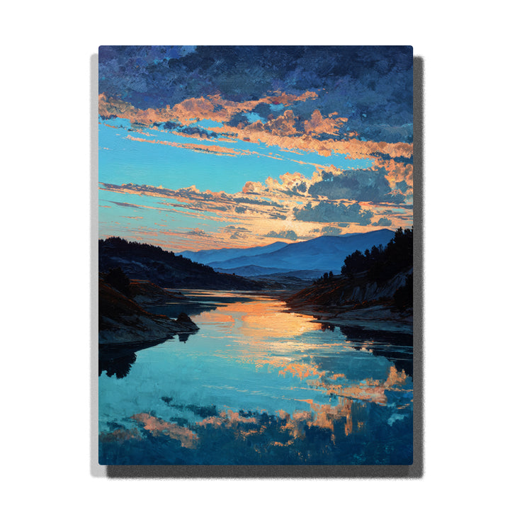 Mountain river sunset with glowing peach cloud reflection, blue-green water, dark hills, distant mountains, and dramatic landscape paint by numbers wall art.