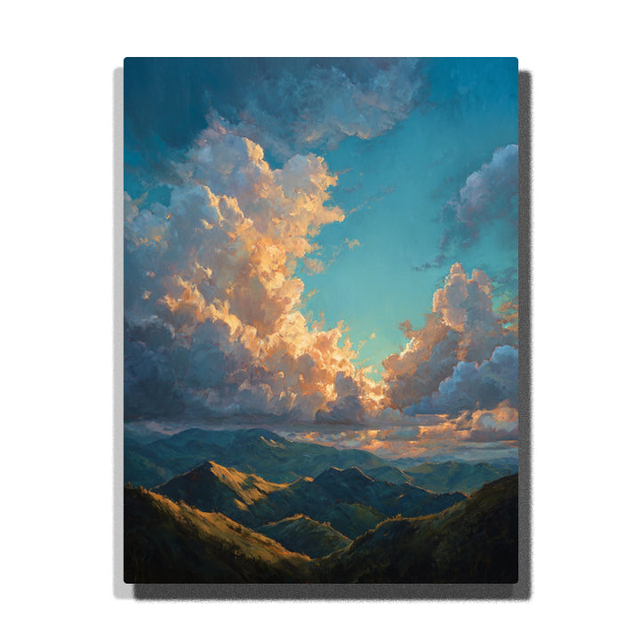 Sunlit mountain valley beneath towering cloud sky with golden highlights, blue atmosphere, layered ridges, and dramatic landscape paint by numbers wall art.