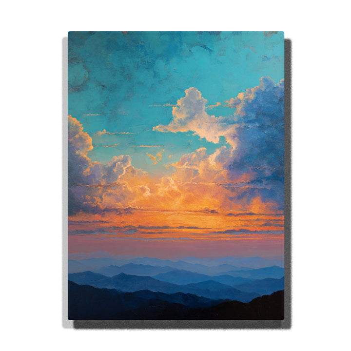 Glowing sunset clouds over blue mountain layers with turquoise sky, orange horizon light, misty ridges, and dramatic landscape paint by numbers wall art.