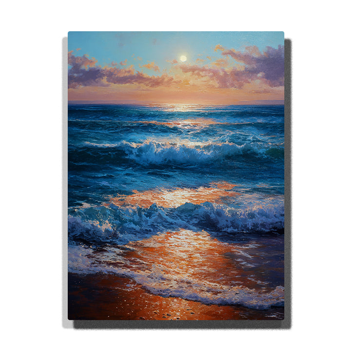 Rolling ocean waves with golden sunset reflection, white sea foam, blue water, peach cloud sky, wet shoreline, and coastal landscape paint by numbers wall art.