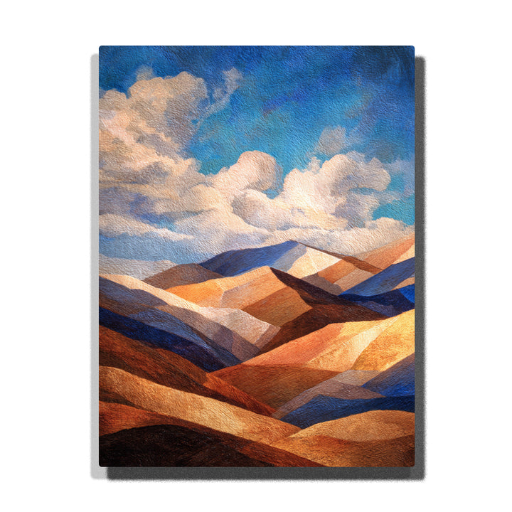 Vibrant layered rolling hills in warm earth tones under blue sky with clouds — PaintEasy Home Decor - Landscape Paint by Numbers artwork