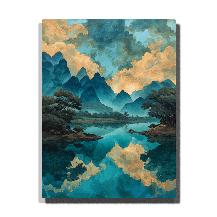 Serene blue mountains and lake with golden cloud reflections, framed by trees in classical landscape style — PaintEasy Home Decor - Landscape Paint by Numbers artwork