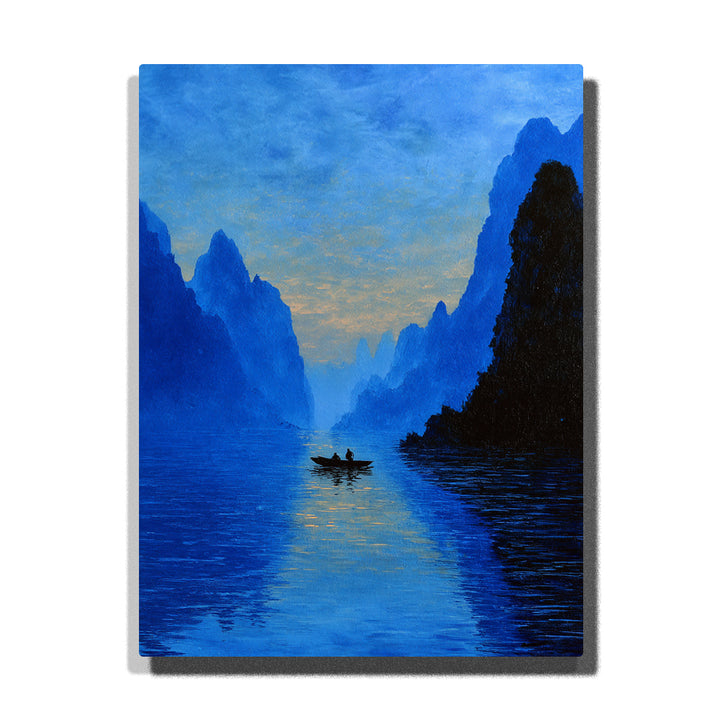 Tranquil blue karst mountains and river with small boat at dusk, soft golden light and mist — PaintEasy Home Decor - Landscape Paint by Numbers artwork