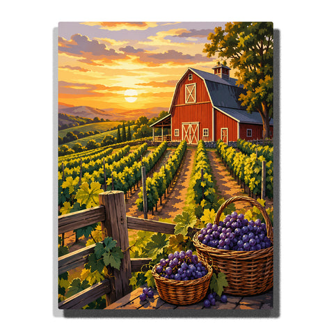 Red barn vineyard countryside scene with grape baskets, farm fields, wooden fences, sunset sky and rustic village landscape Paint by Numbers by PaintEasy