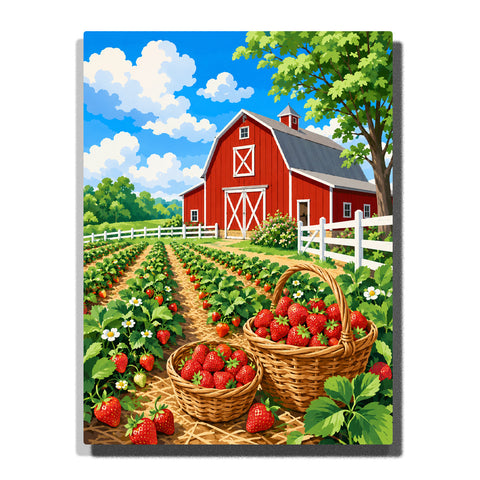 Paint by numbers sunny strawberry farm featuring a bright red barn, rows of ripe strawberry plants, two woven baskets filled with fresh strawberries, white fences, and a vivid blue summer sky.