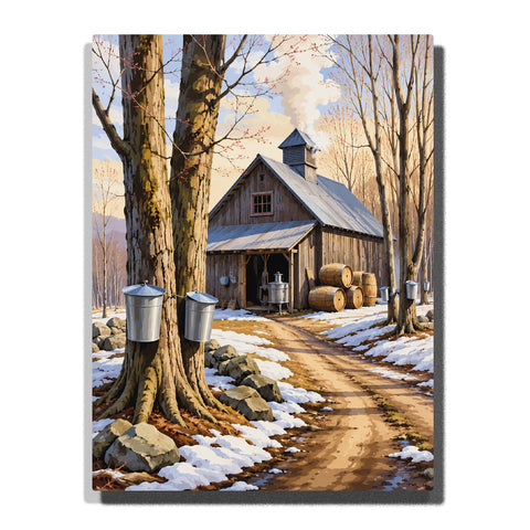 Winter maple farm barn with snowy path, sugar sap buckets, wooden barrels, tall trees and rustic countryside landscape Paint by Numbers by PaintEasy