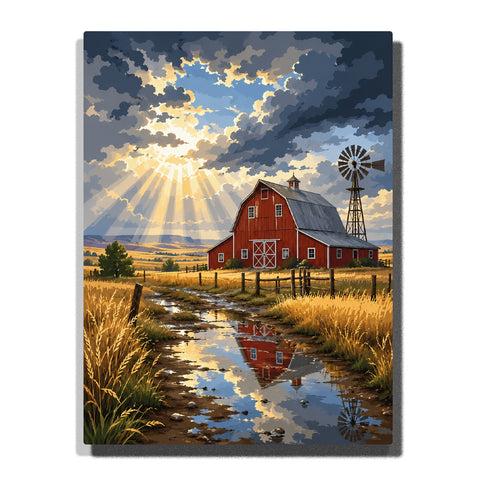 Red Barn Farm with Windmill and Reflective Field Path Under Dramatic Sky Paint by Numbers Kit…
