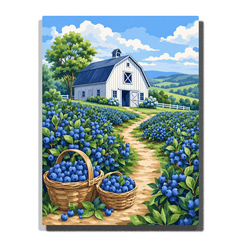 Blueberry farm barn with harvest baskets, blueberry fields, countryside path, green hills and white farmhouse landscape Paint by Numbers by PaintEasy