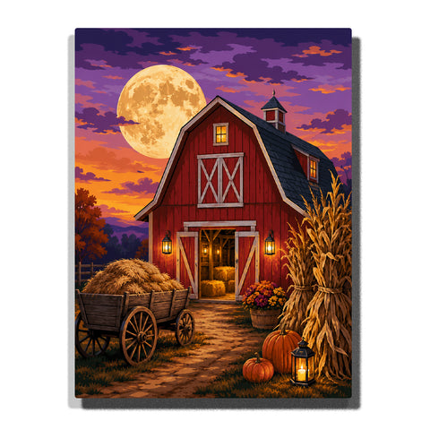 Red barn harvest night scene with full moon, hay wagon, pumpkins, corn stalks, lantern lights and rustic countryside landscape Paint by Numbers by PaintEasy