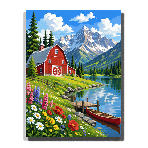 Red barn beside mountain lake with wildflowers, wooden dock, small boat, evergreen trees, snowy mountains and countryside landscape Paint by Numbers by PaintEasy