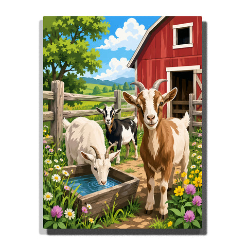 Three goats in farm garden with red barn, wooden fence, water trough, wildflowers and sunny countryside animal scene Paint by Numbers by PaintEasy