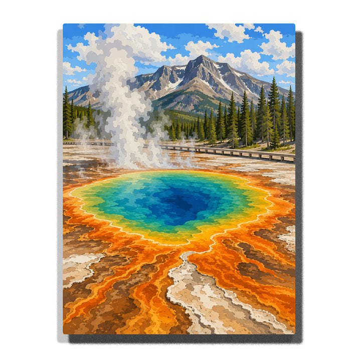 Yellowstone National Park geothermal spring with colorful hot pool, steam, evergreen forest, mountain landscape and natural wilderness scenery Paint by Numbers by PaintEasy